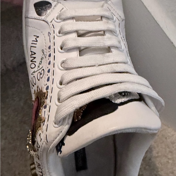 DOLCE & GABBANA DG Logo Heart Pearl Logo Low Top Sneaker PORTOFINO White Gold 7W - Picture 9 of 13